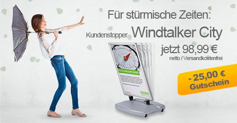 Kundenstopper windfest mit Wassertank hält auch Wind und Sturm stand